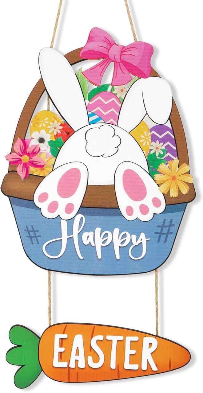 Easter Decoration Wood Door Wall Signs, Wooden Wreaths Front Door Sign Bunny Rabbit Sign Egg Carrot Ornaments Hanging Crafts for Spring Home Farmhouse Party Porch Wall Decor